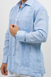 Camisa guayabera de manga larga de lino 100 % teñida en hilo con dos bolsillos