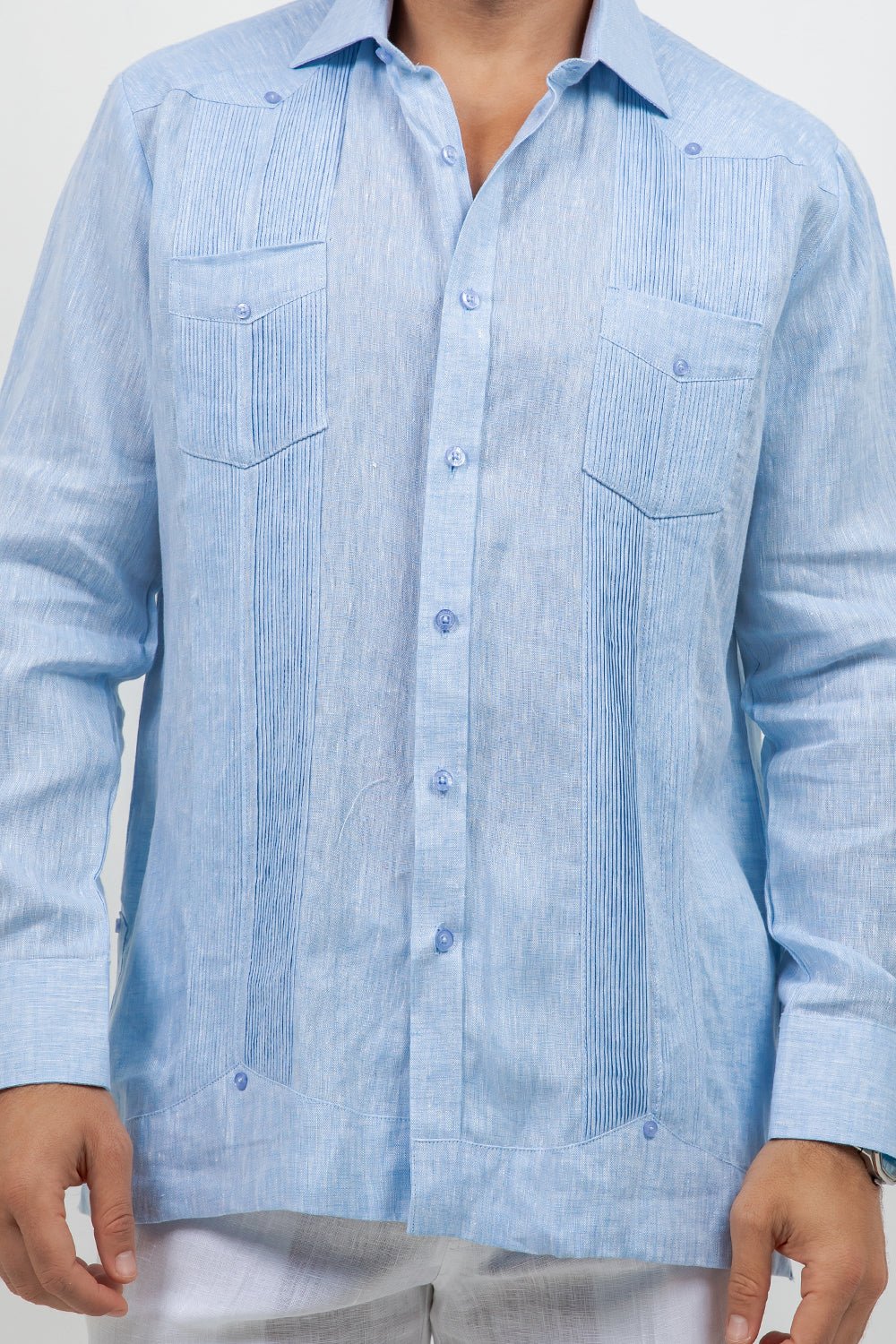 Camisa guayabera de manga larga de lino 100 % teñida en hilo con dos bolsillos
