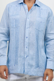 Camisa guayabera de manga larga de lino 100 % teñida en hilo con dos bolsillos