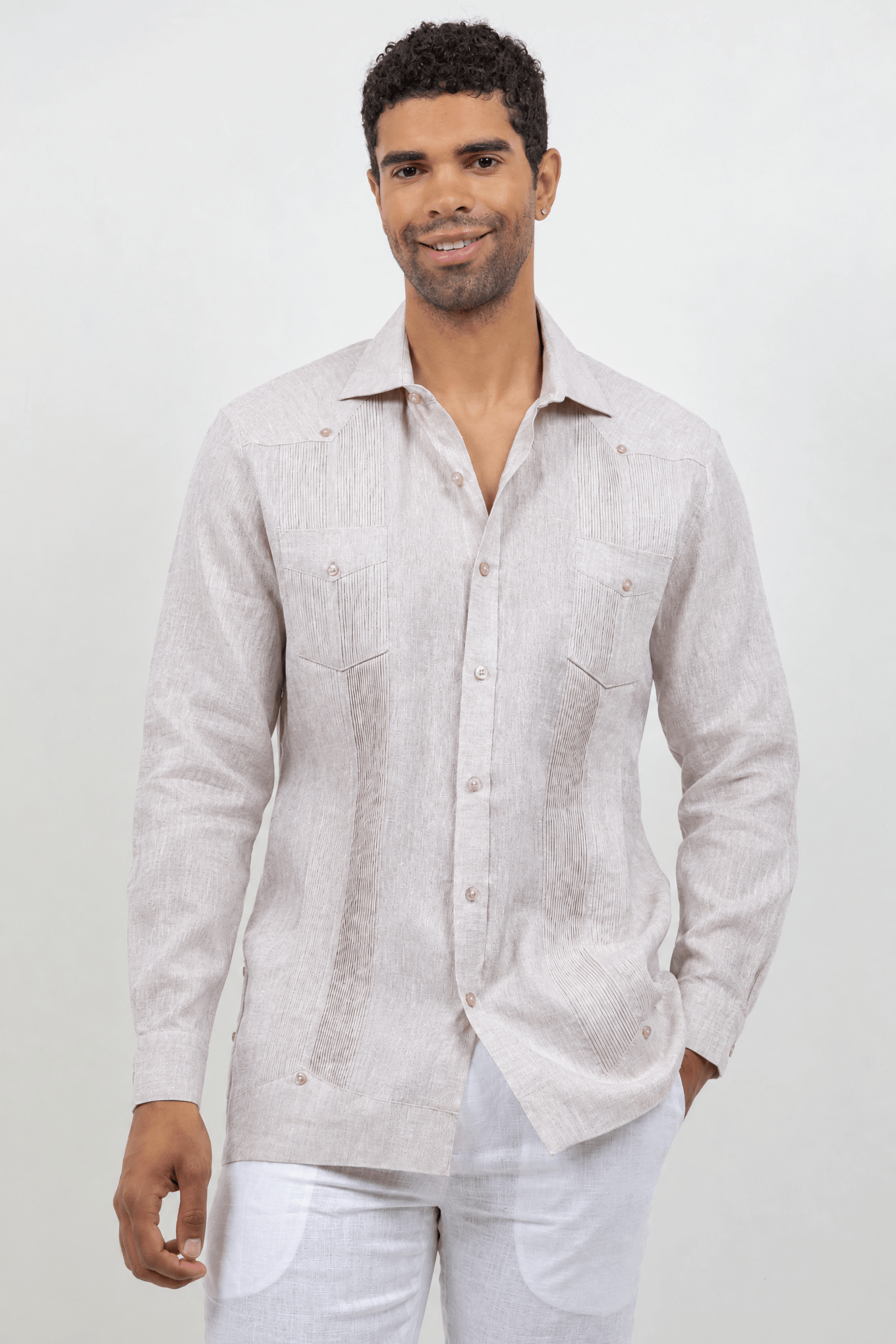 Classic Two Pocket Linen Guayabera Shirt Long Sleeve