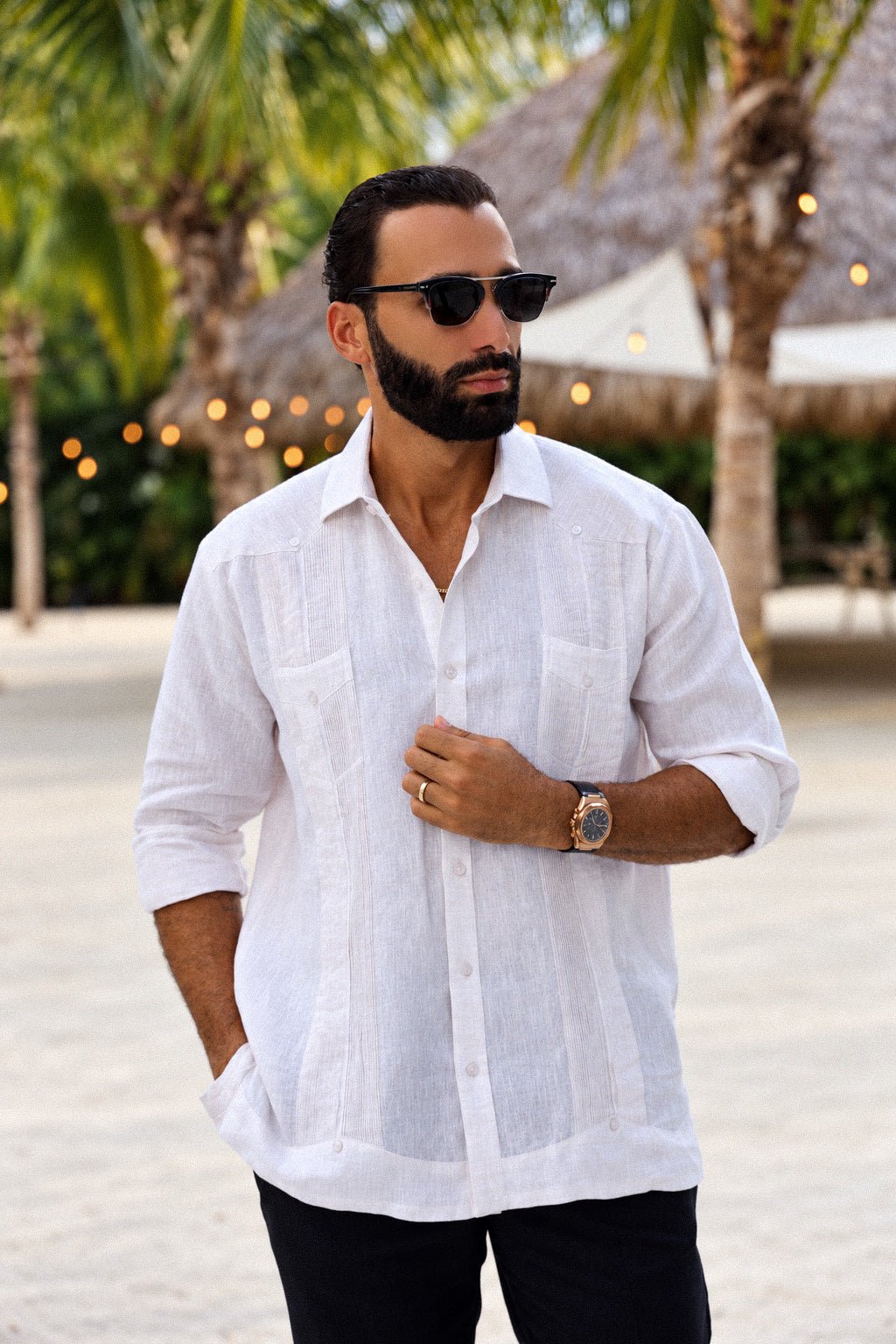 Classic Two Pocket Linen Guayabera Shirt Long Sleeve