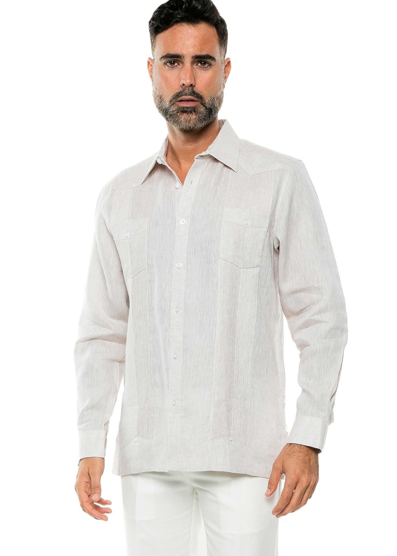 Men's 100% Linen Two-Pocket Design Guayabera Shirt Long Sleeve
