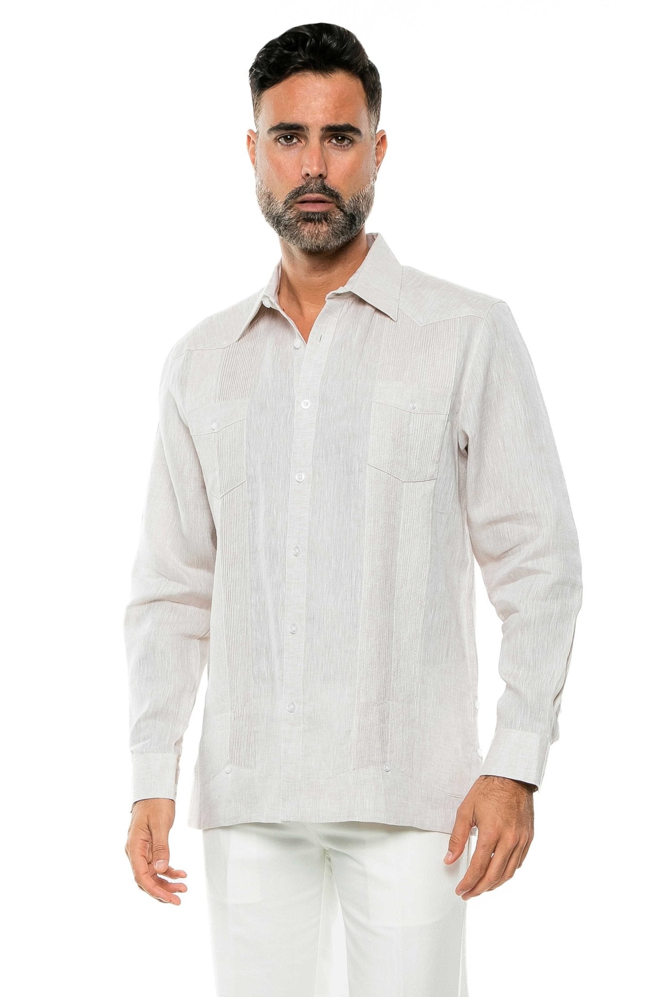 Front view of a man wearing a light beige 100% Linen Yarn Dyed Two Pocket Guayabera Shirt Long Sleeve.