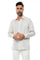 A man models the 100% Linen Yarn Dyed Two Pocket Guayabera Shirt Long Sleeve, shown in light beige with two chest pockets.