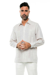 Camisa guayabera de manga larga de lino 100 % teñida en hilo con dos bolsillos