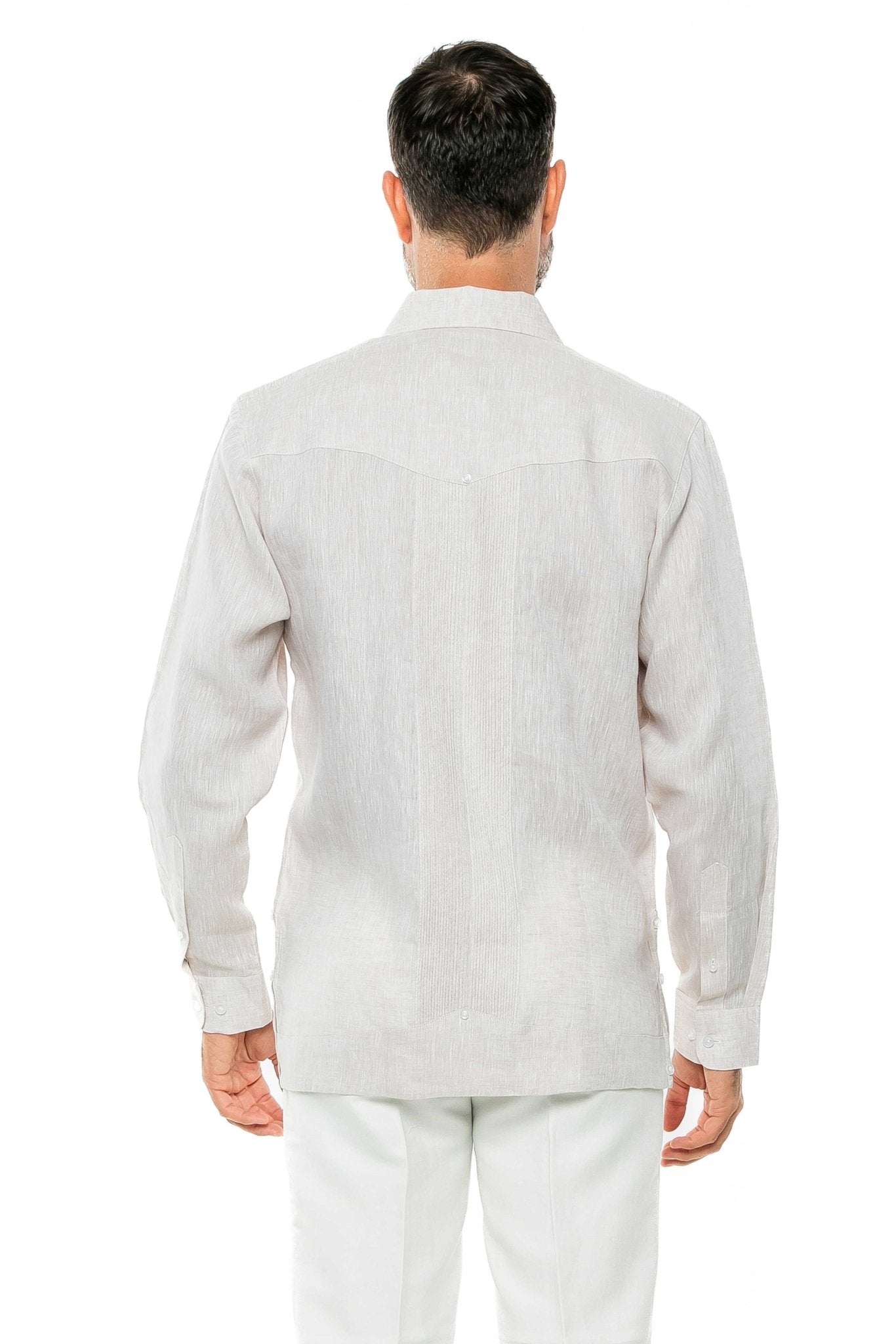 Back view of a man wearing the 100% Linen Yarn Dyed Two Pocket Guayabera Shirt Long Sleeve, shown in beige.
