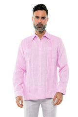 Camisa guayabera de manga larga de lino 100 % teñida en hilo con dos bolsillos
