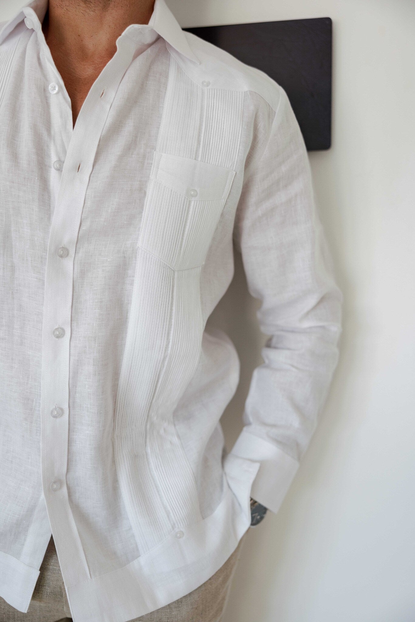 Camisa Guayabera 100% Lino Teñido para Hombre Mojito, Manga Larga, Diseño de 2 Bolsillos