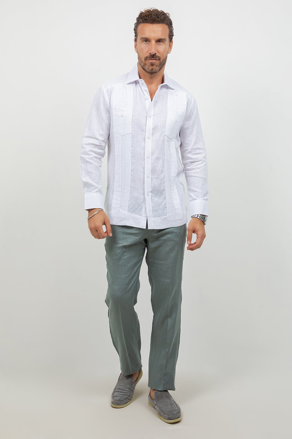 Men's 100% Linen Two-Pocket Guayabera Shirt Long Sleeve – Mojito
