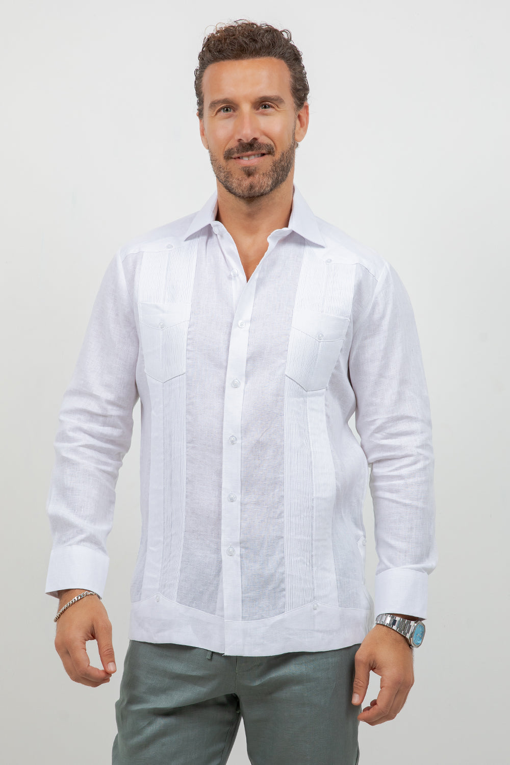 Men's 100% Linen Two-Pocket Guayabera Shirt Long Sleeve – Mojito