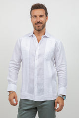 Camisa guayabera de manga larga de lino 100 % teñida en hilo con dos bolsillos