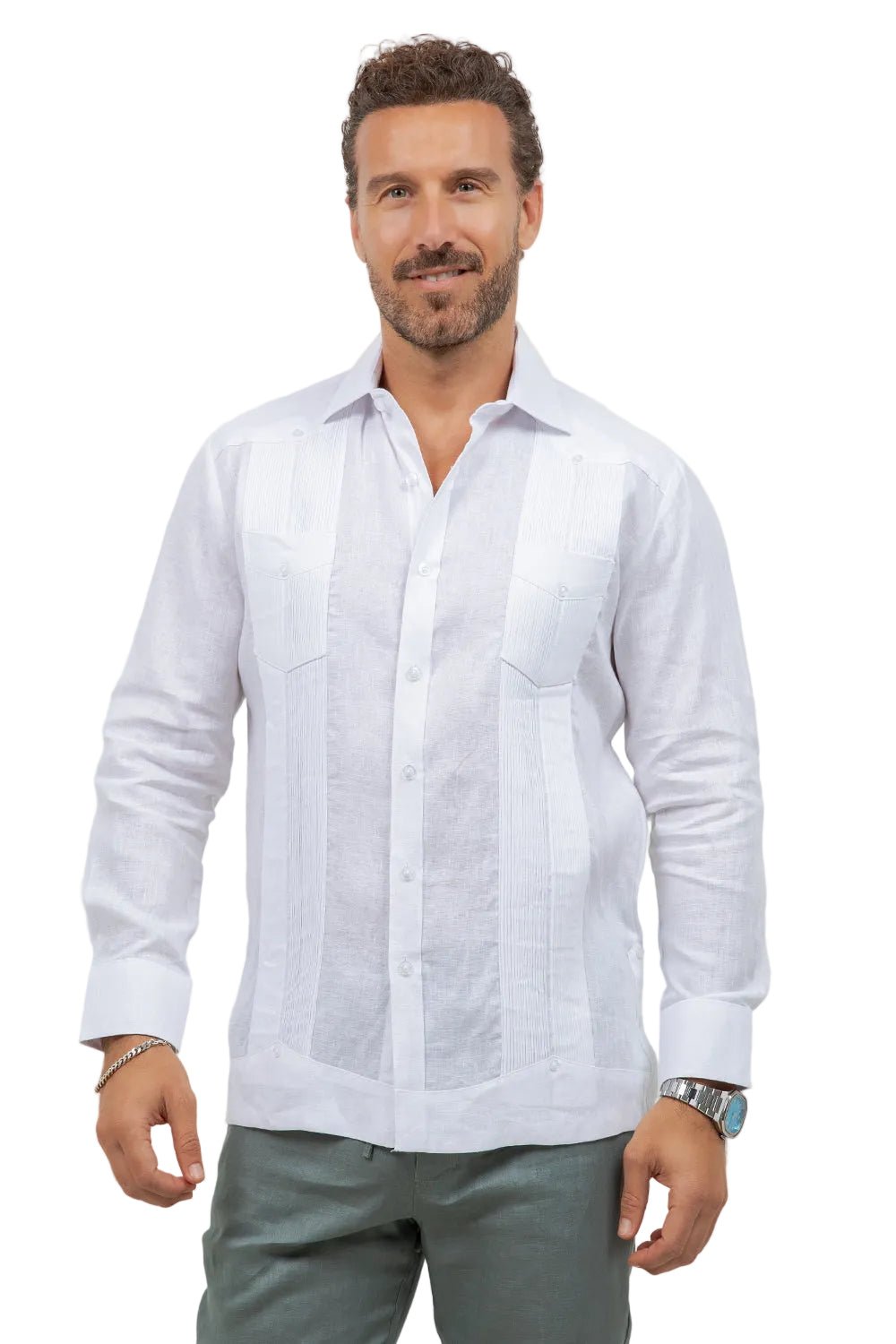 Camisa guayabera de manga larga de lino 100 % teñida en hilo con dos bolsillos