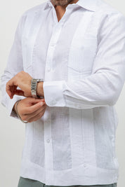 Camisa guayabera de manga larga de lino 100 % teñida en hilo con dos bolsillos