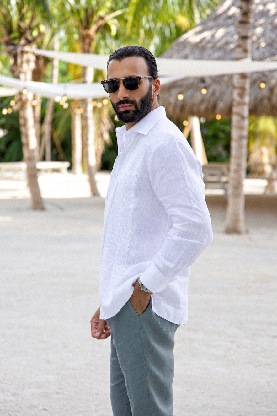 Classic Two Pocket Linen Guayabera Shirt Long Sleeve