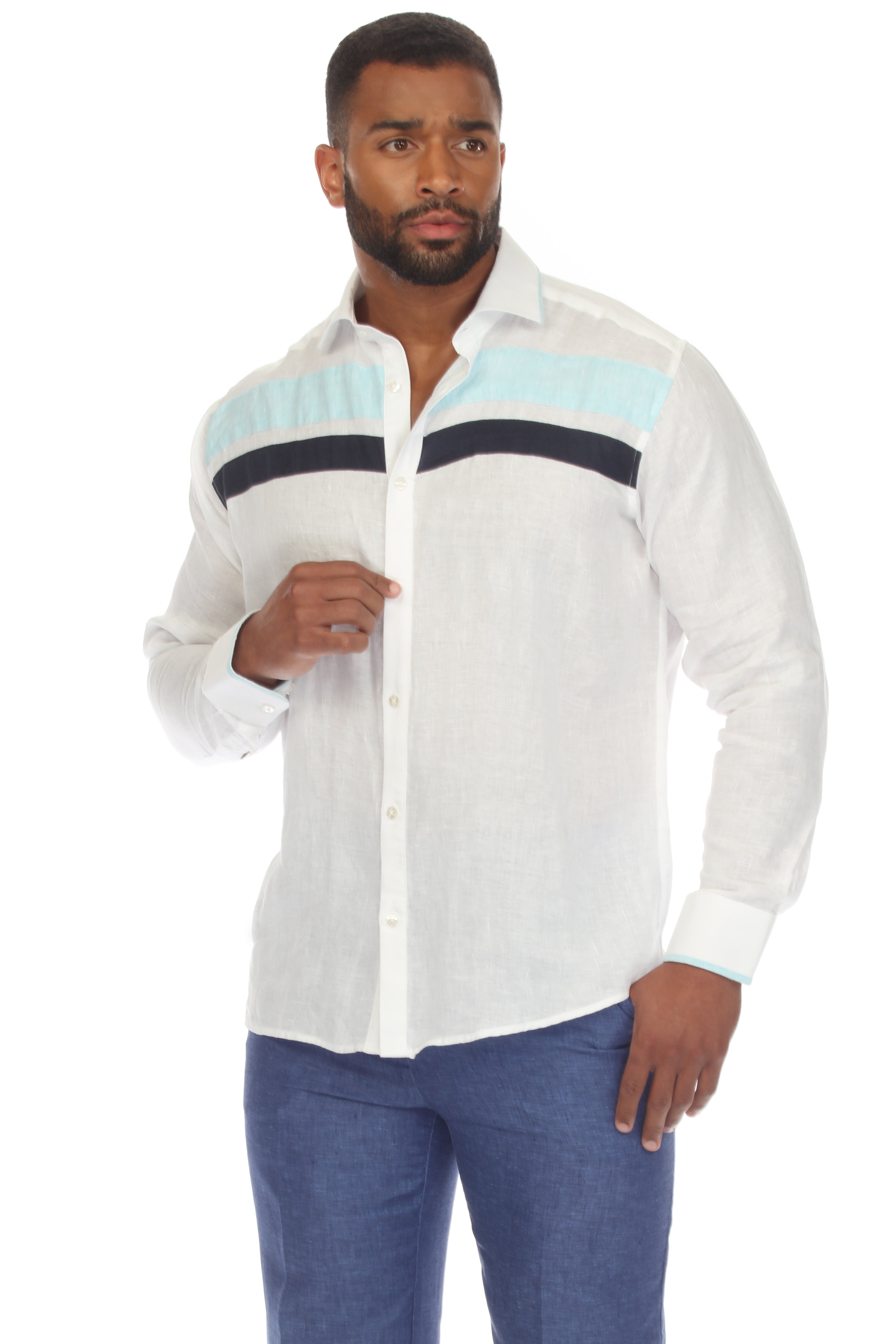Camisa informal de lino 100 % con diseño de bloques multicolor y manga larga