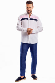 Camisa informal de lino 100 % con diseño de bloques multicolor y manga larga