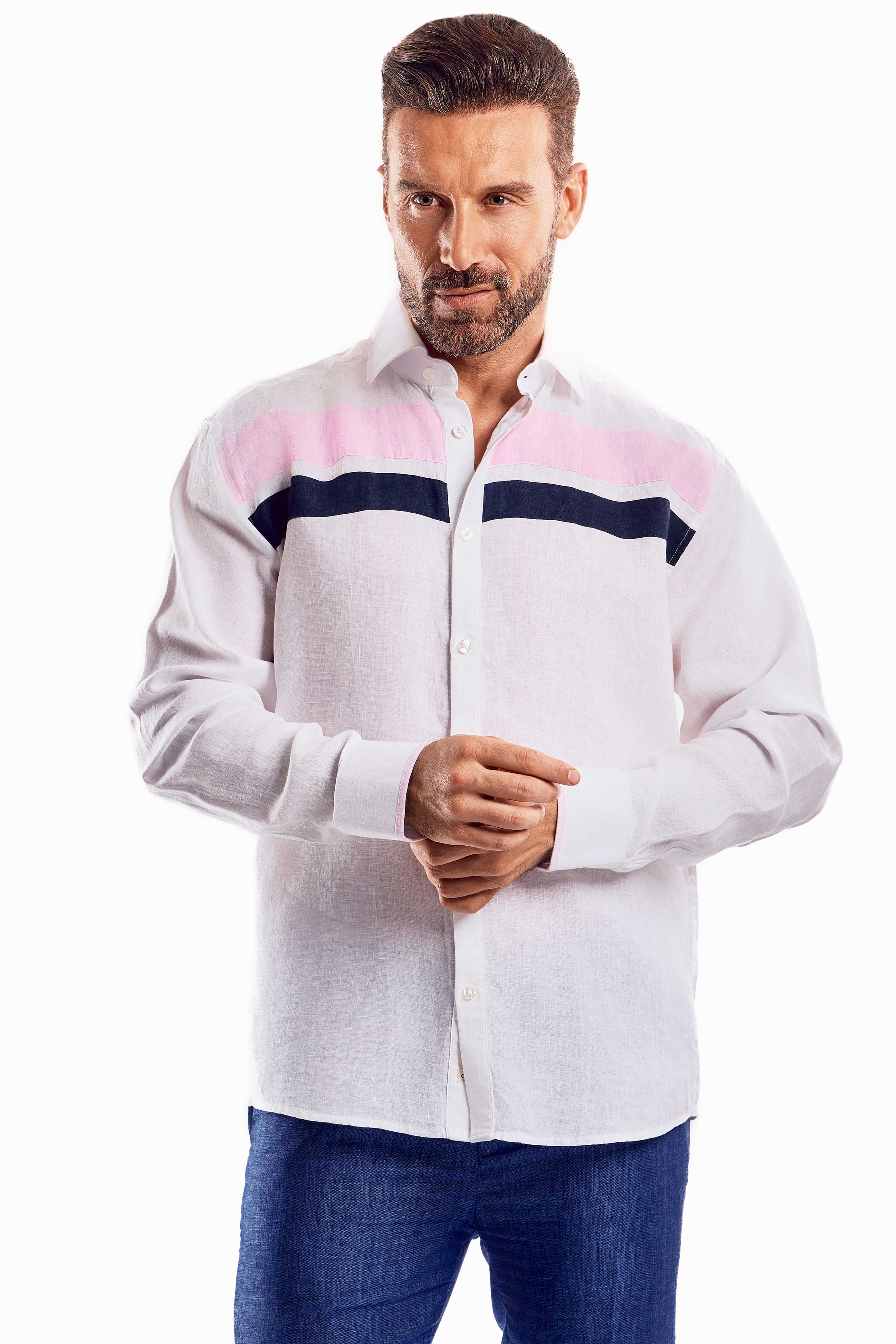 Camisa informal de lino 100 % con diseño de bloques multicolor y manga larga