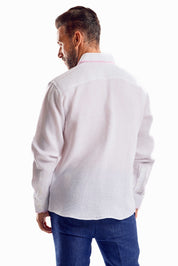 Camisa informal de lino 100 % con diseño de bloques multicolor y manga larga