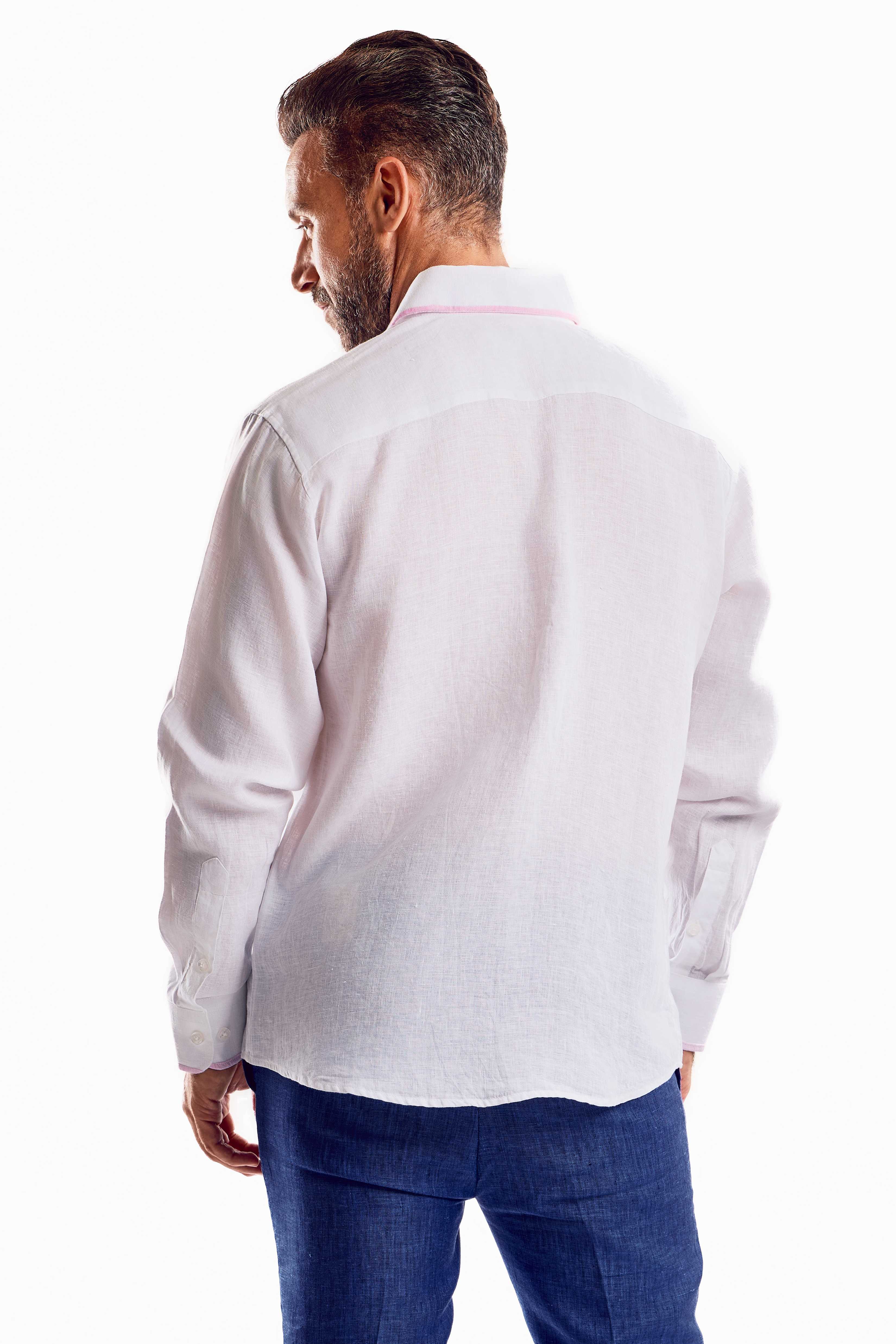 Camisa informal de lino 100 % con diseño de bloques multicolor y manga larga