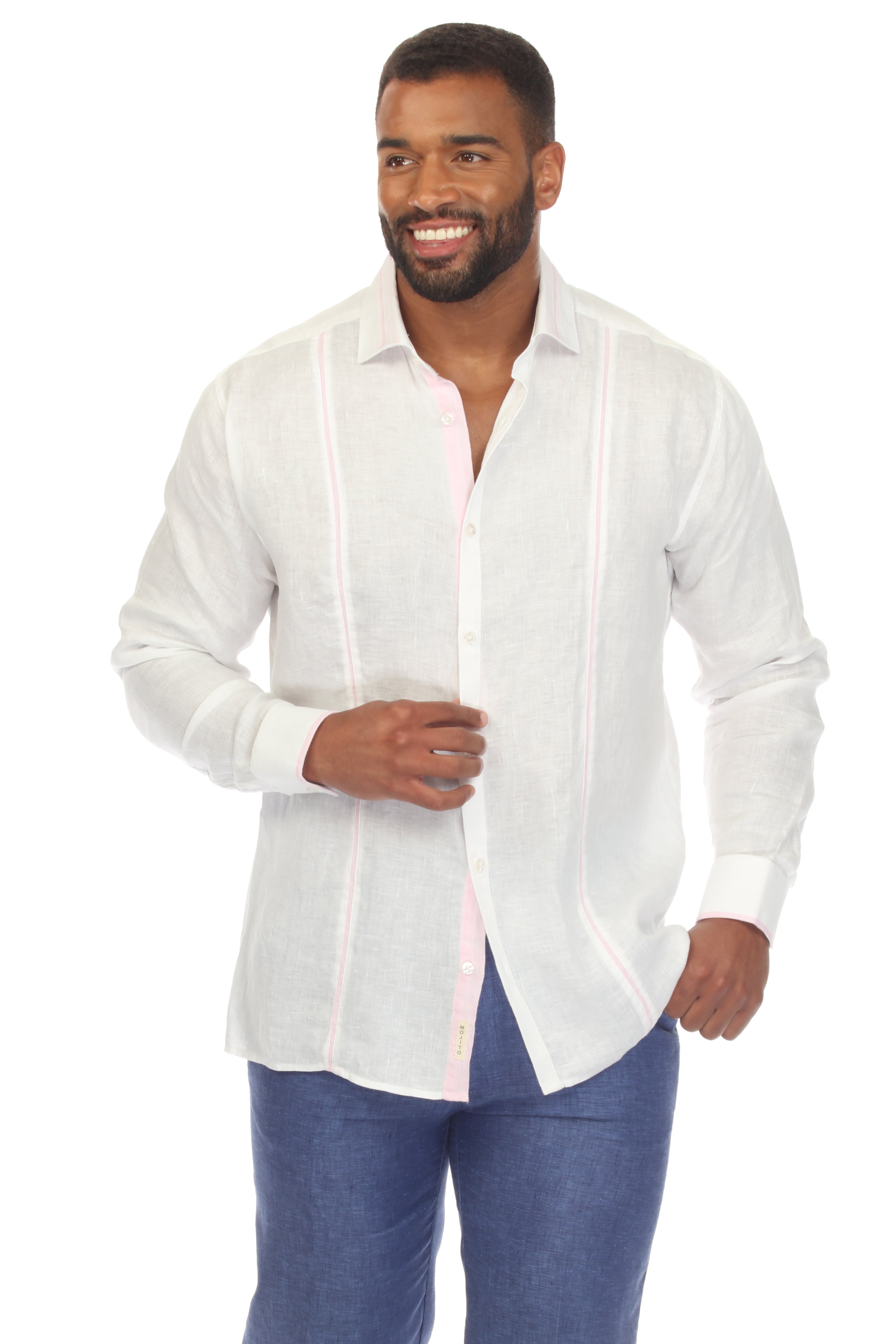 Camisa informal de lino 100 % con diseño de bloques multicolor y manga larga