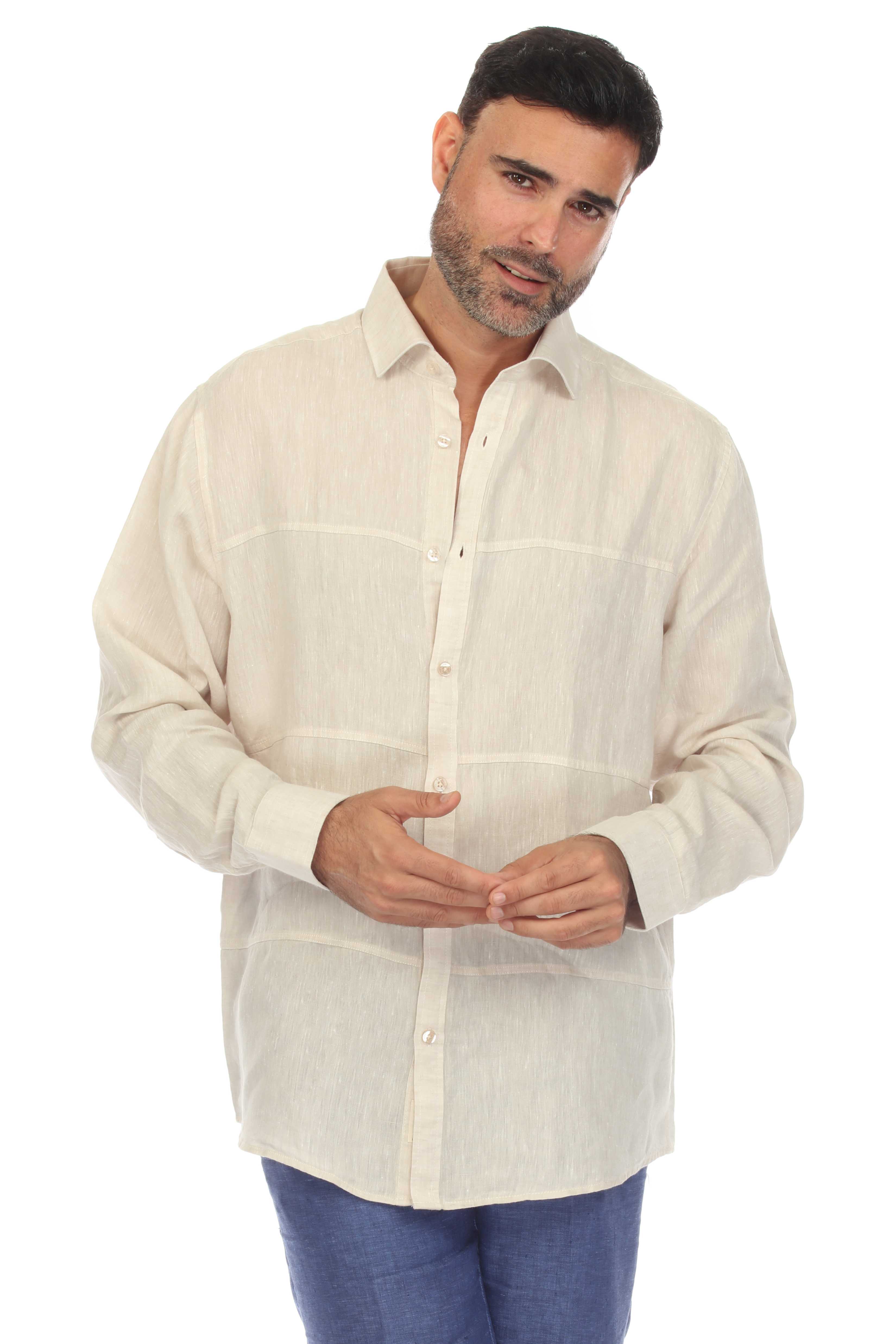 Men's Casual Patchwork Design 100% Linen Shirt Long Sleeve