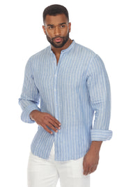 Camisa informal de manga larga con cuello mandarín y raya diplomática para hombre de Mojito, 100 % lino