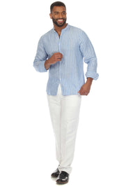 Camisa informal de manga larga con cuello mandarín y raya diplomática para hombre de Mojito, 100 % lino
