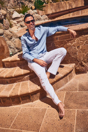 Mojito Men's Causal Mandarin Collar Pinstripe Shirt 100% Linen Long Sleeve
