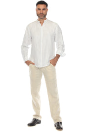 Camisa informal de manga larga con cuello mandarín y raya diplomática para hombre de Mojito, 100 % lino