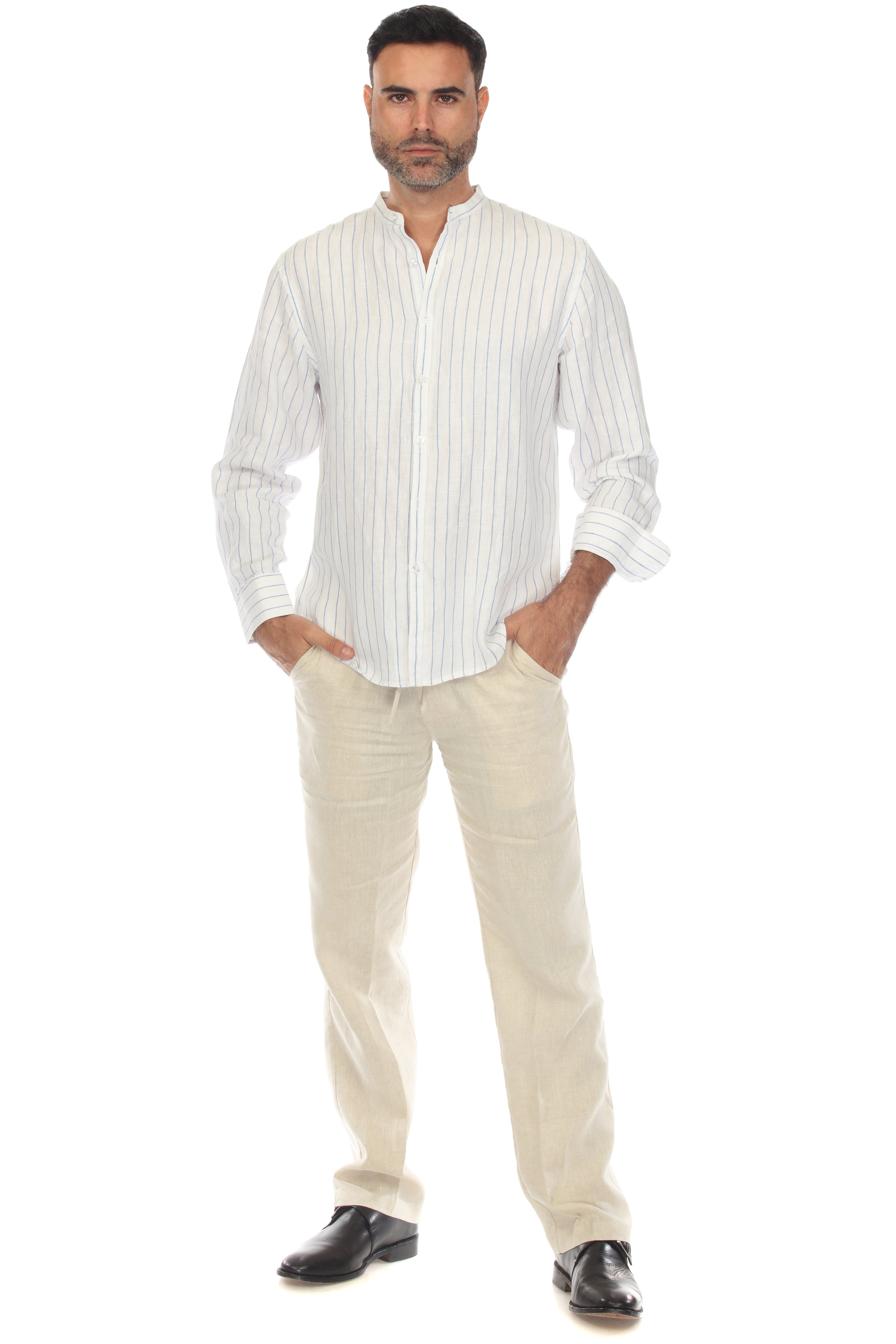 Camisa informal de manga larga con cuello mandarín y raya diplomática para hombre de Mojito, 100 % lino