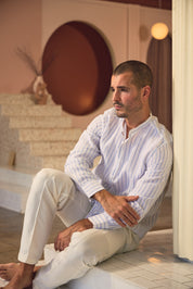 Mojito Men's Causal Mandarin Collar Pinstripe Shirt 100% Linen Long Sleeve