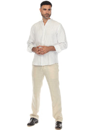 Camisa informal de manga larga con cuello mandarín y raya diplomática para hombre de Mojito, 100 % lino