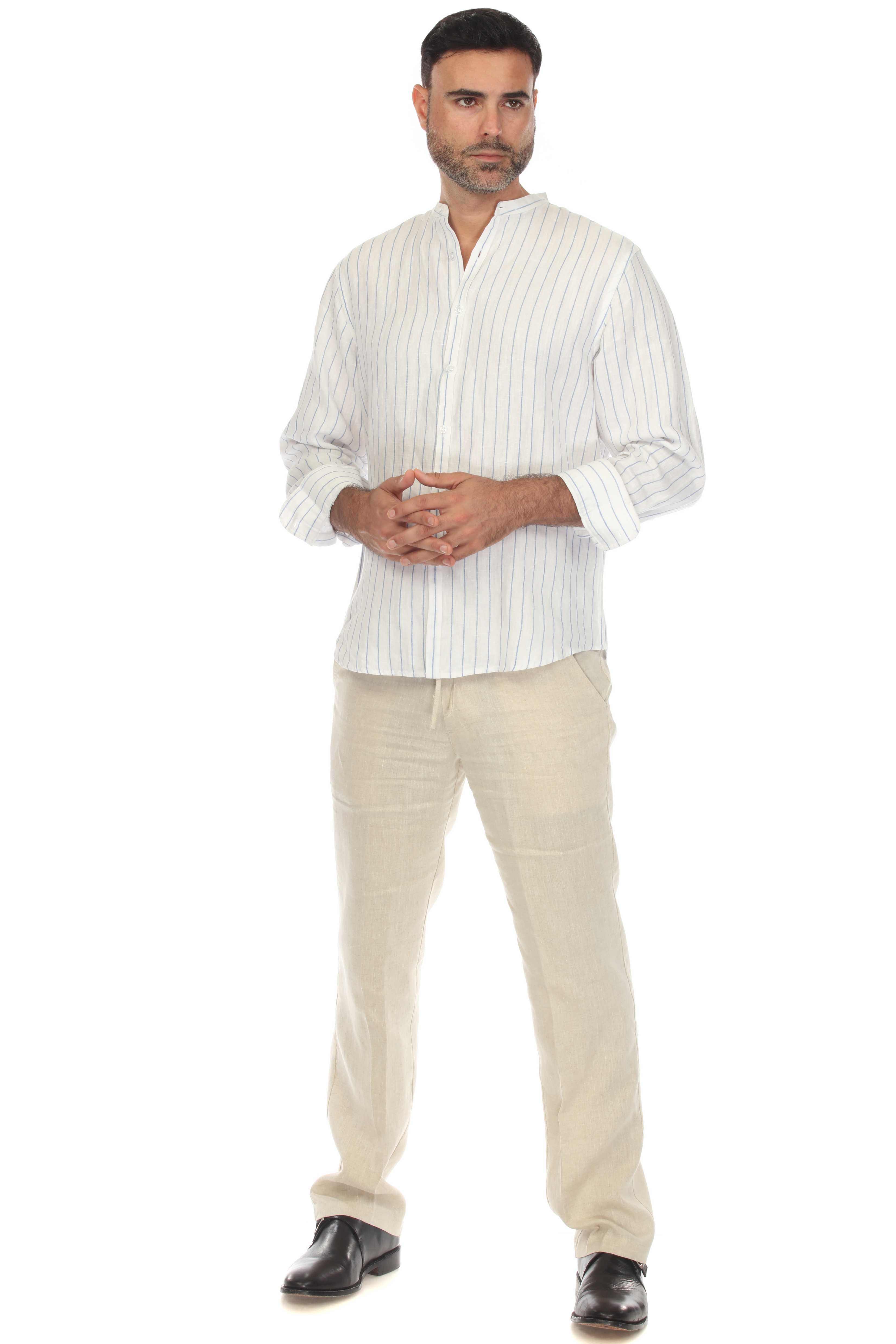 Camisa informal de manga larga con cuello mandarín y raya diplomática para hombre de Mojito, 100 % lino