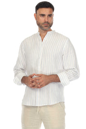 Camisa informal de manga larga con cuello mandarín y raya diplomática para hombre de Mojito, 100 % lino