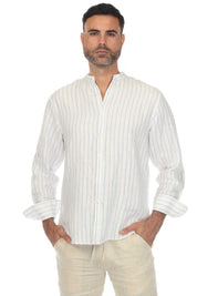 Camisa informal de manga larga con cuello mandarín y raya diplomática para hombre de Mojito, 100 % lino