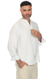 Camisa informal de manga larga con cuello mandarín y raya diplomática para hombre de Mojito, 100 % lino