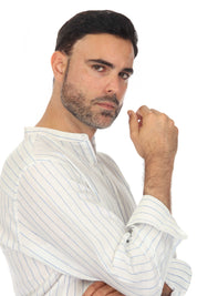 Camisa informal de manga larga con cuello mandarín y raya diplomática para hombre de Mojito, 100 % lino
