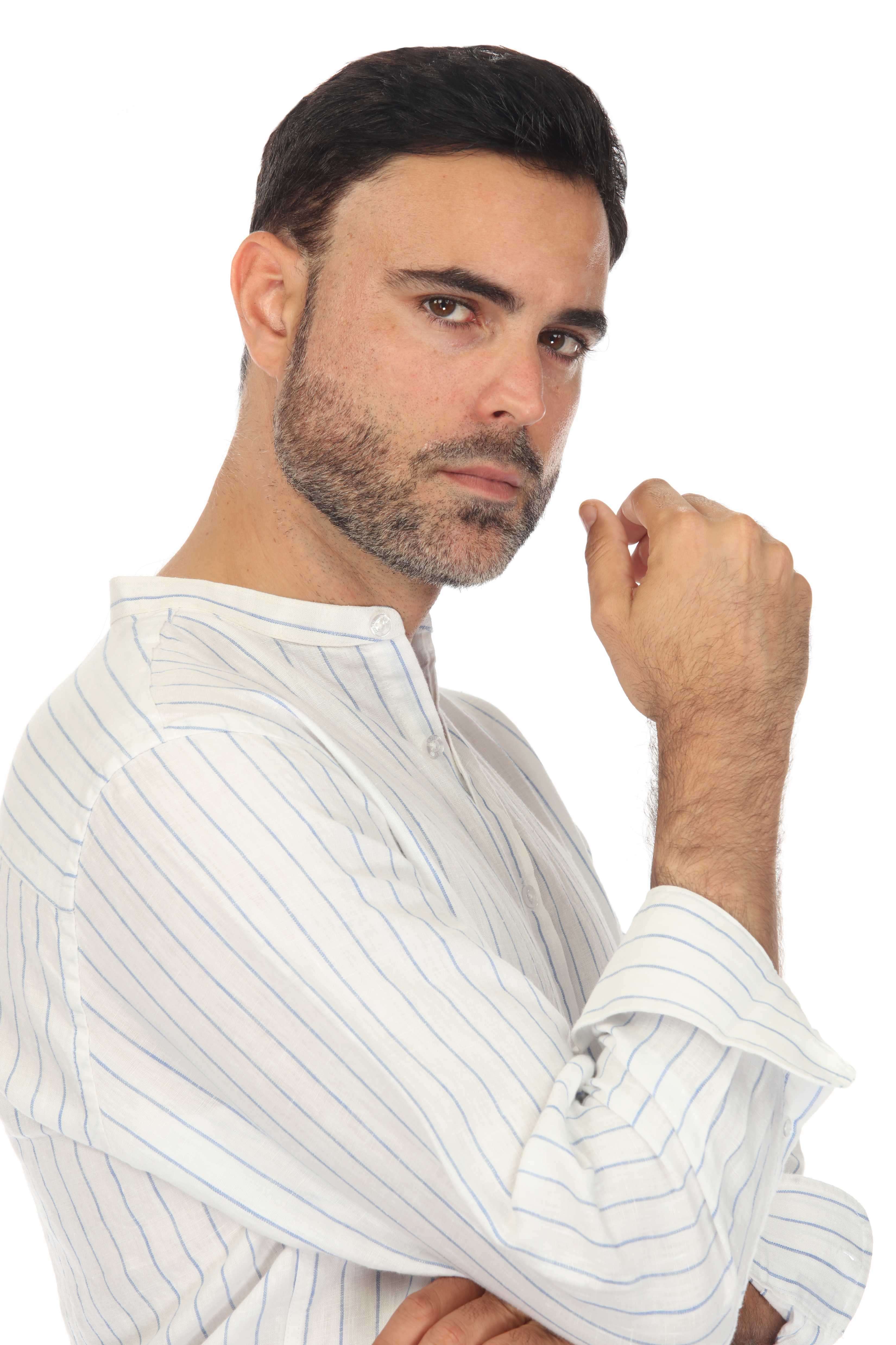 Camisa informal de manga larga con cuello mandarín y raya diplomática para hombre de Mojito, 100 % lino