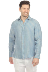Camisa informal de rayas diplomáticas para hombre, 100 % lino, manga larga, botones