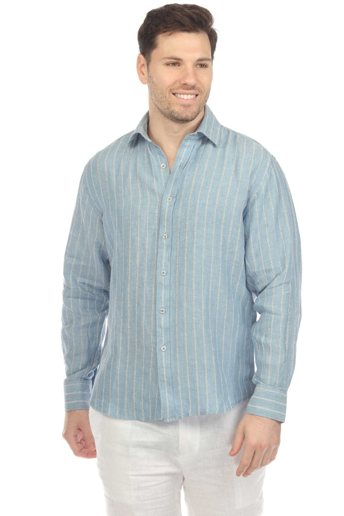 Causal Pinstripe Shirt 100% Linen Long Sleeve Button Down