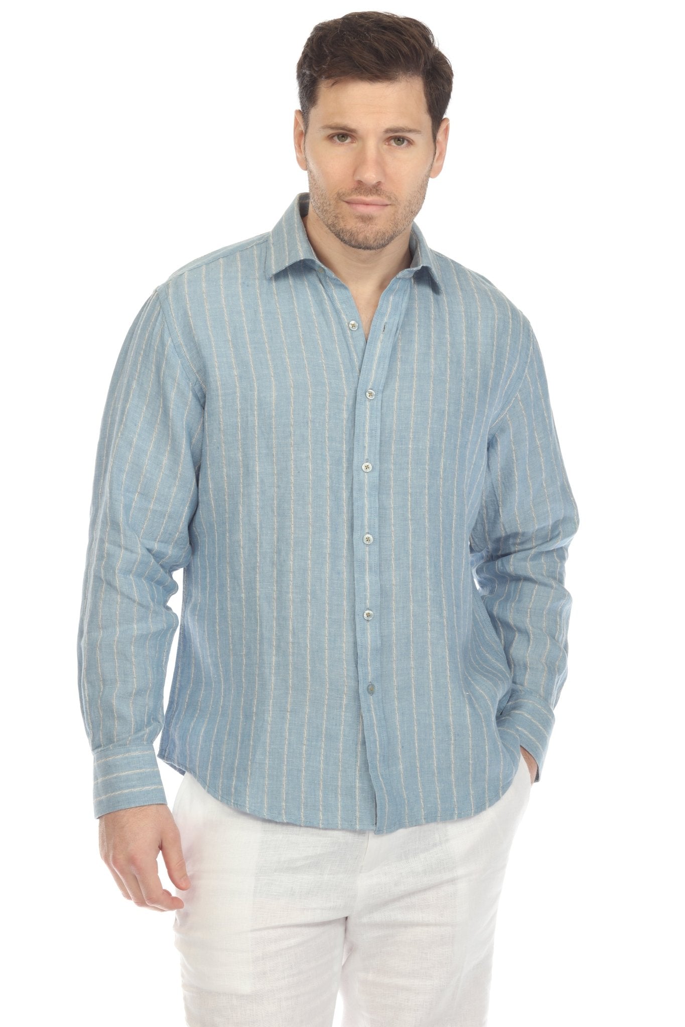 Men's Causal Pinstripe Shirt 100% Linen Long Sleeve Button Down