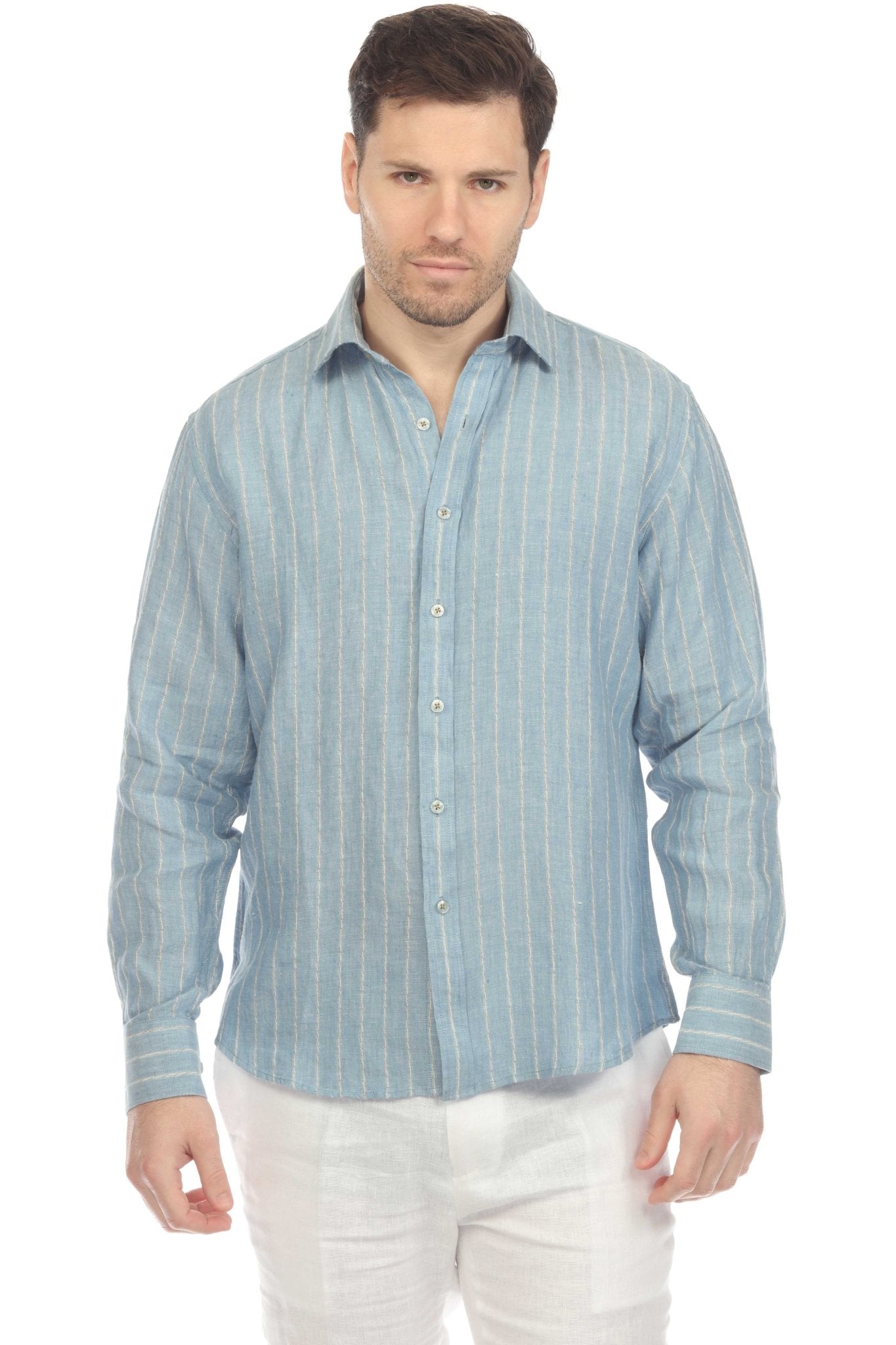 Men's Causal Pinstripe Shirt 100% Linen Long Sleeve Button Down