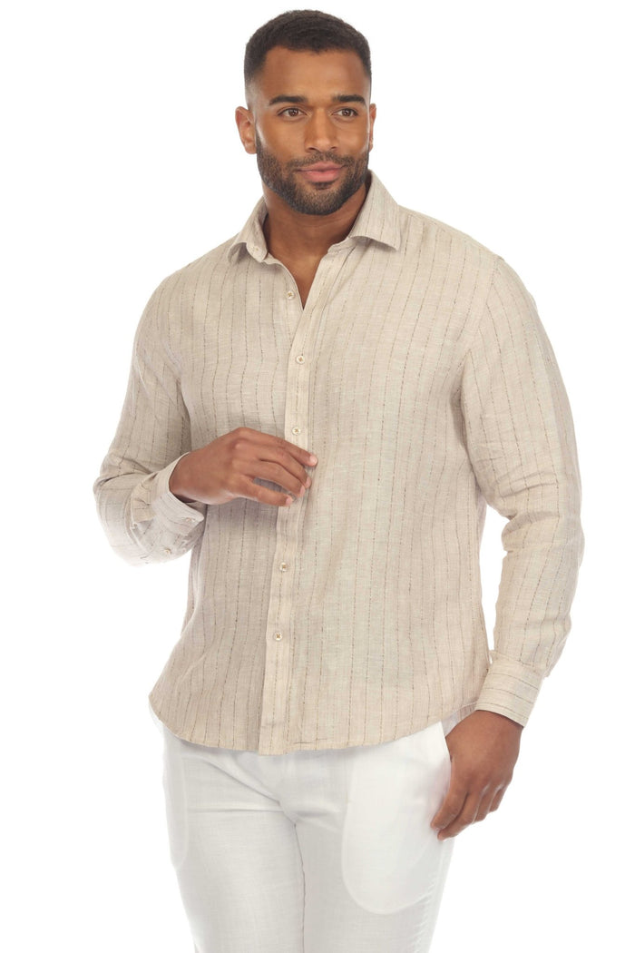 Causal Pinstripe Shirt 100% Linen Long Sleeve Button Down