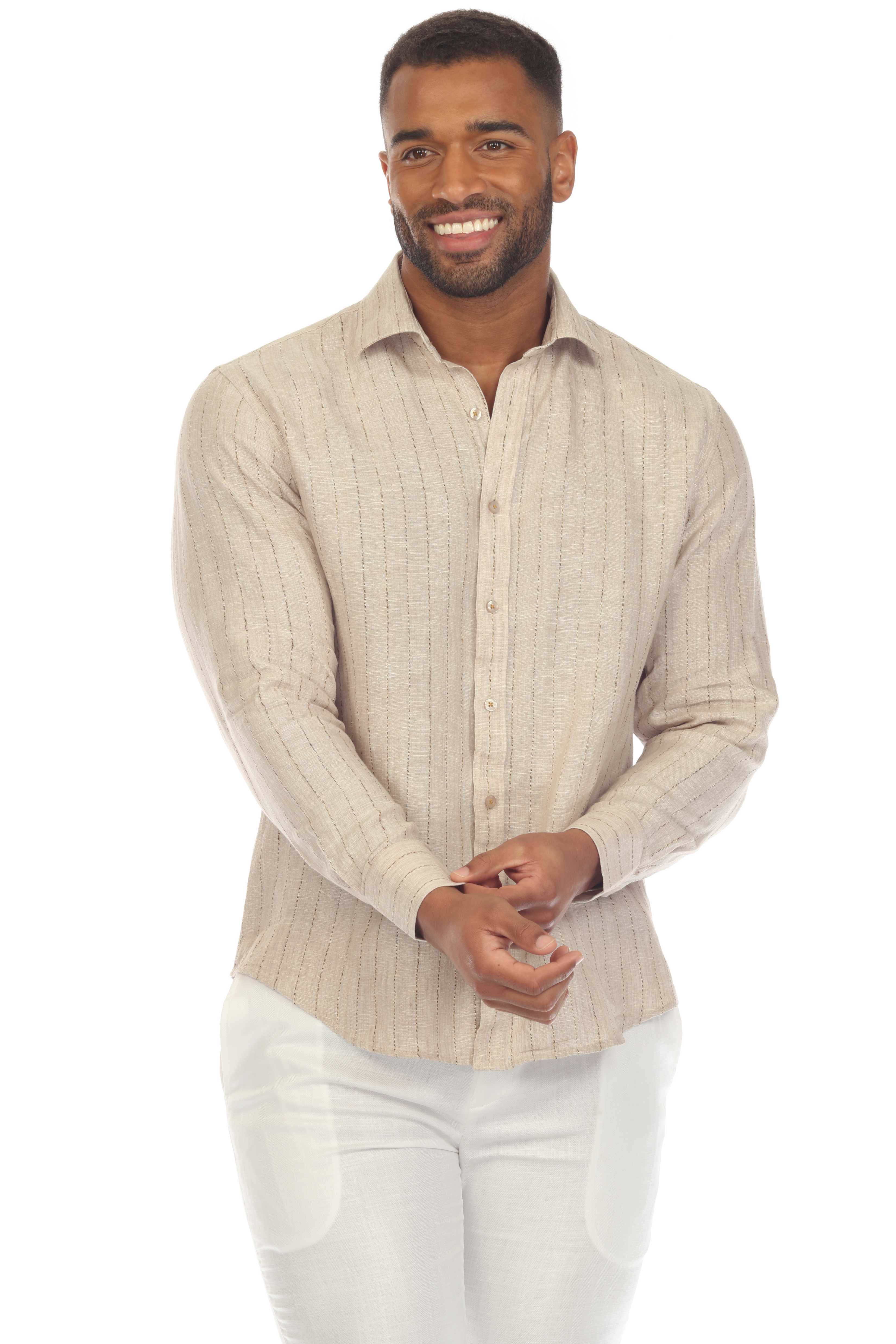 Mojito Men's Causal Pinstripe Shirt 100% Linen Long Sleeve