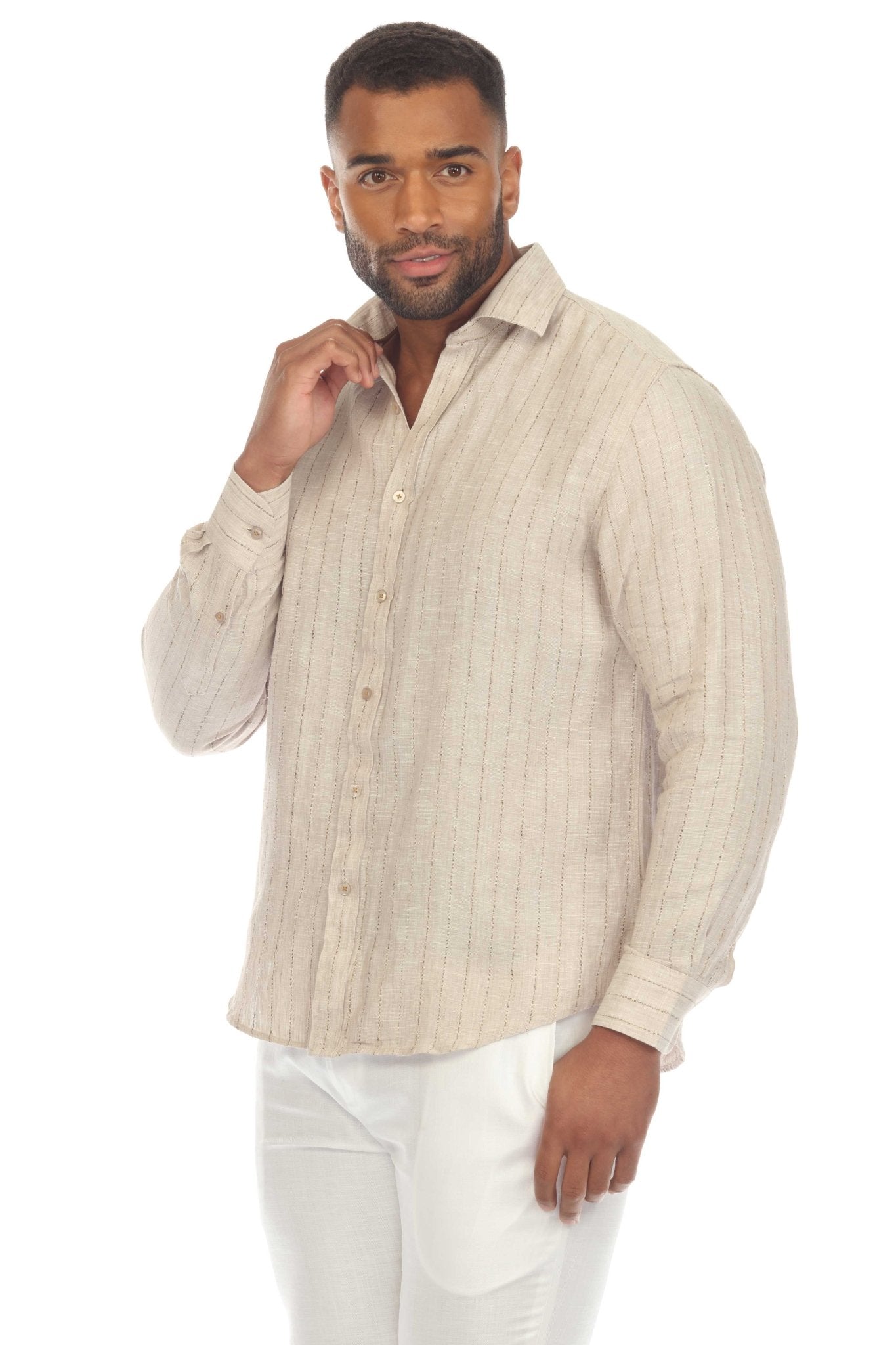 Men's 100% Linen Pinstripe Shirt Long Sleeve Button Down X-Large / TAN Men's 100% Linen Pinstripe Shirt Long Sleeve Button Down X-Large / TAN