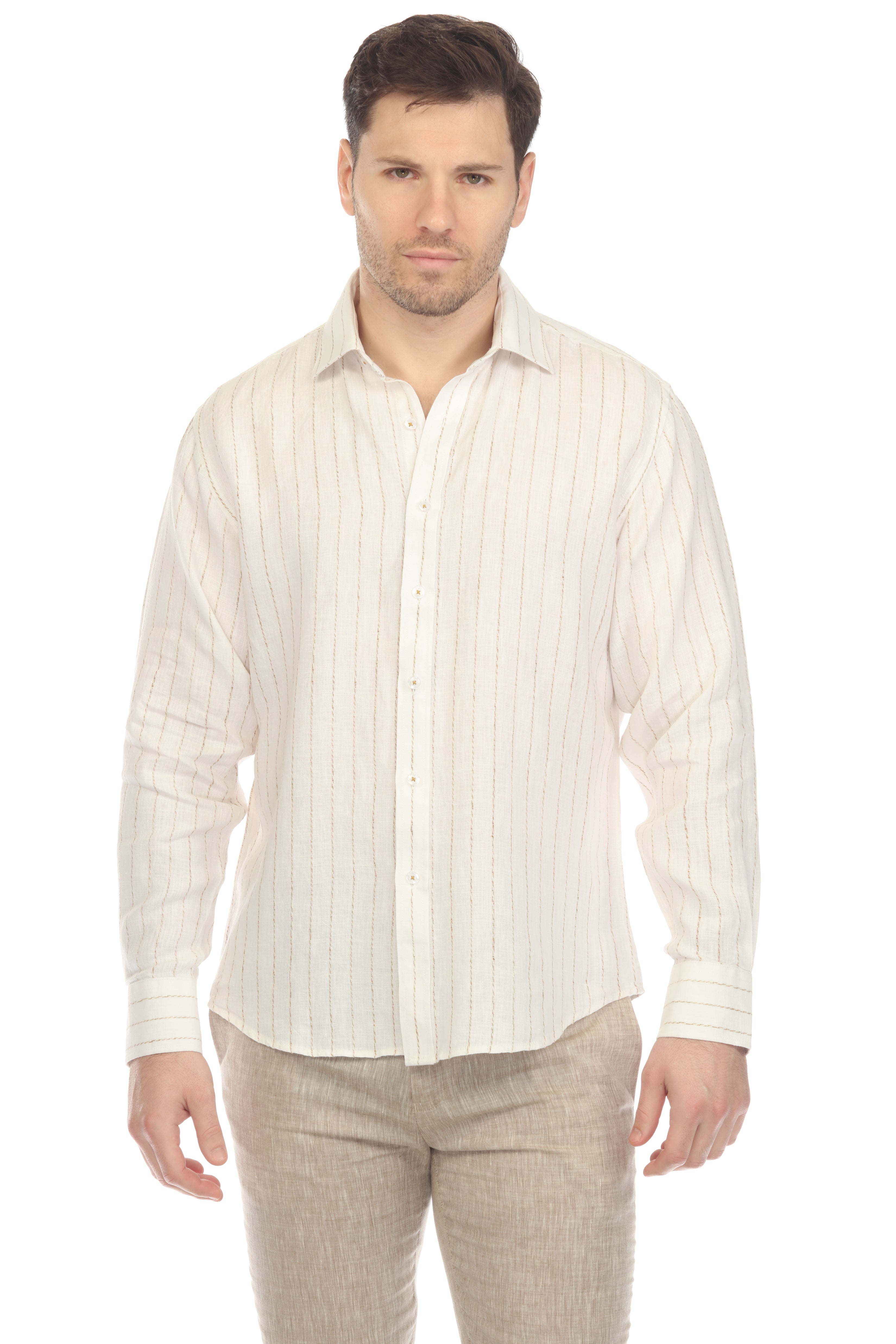 Camisa informal de rayas finas para hombre Mojito, 100 % lino, manga larga, botones