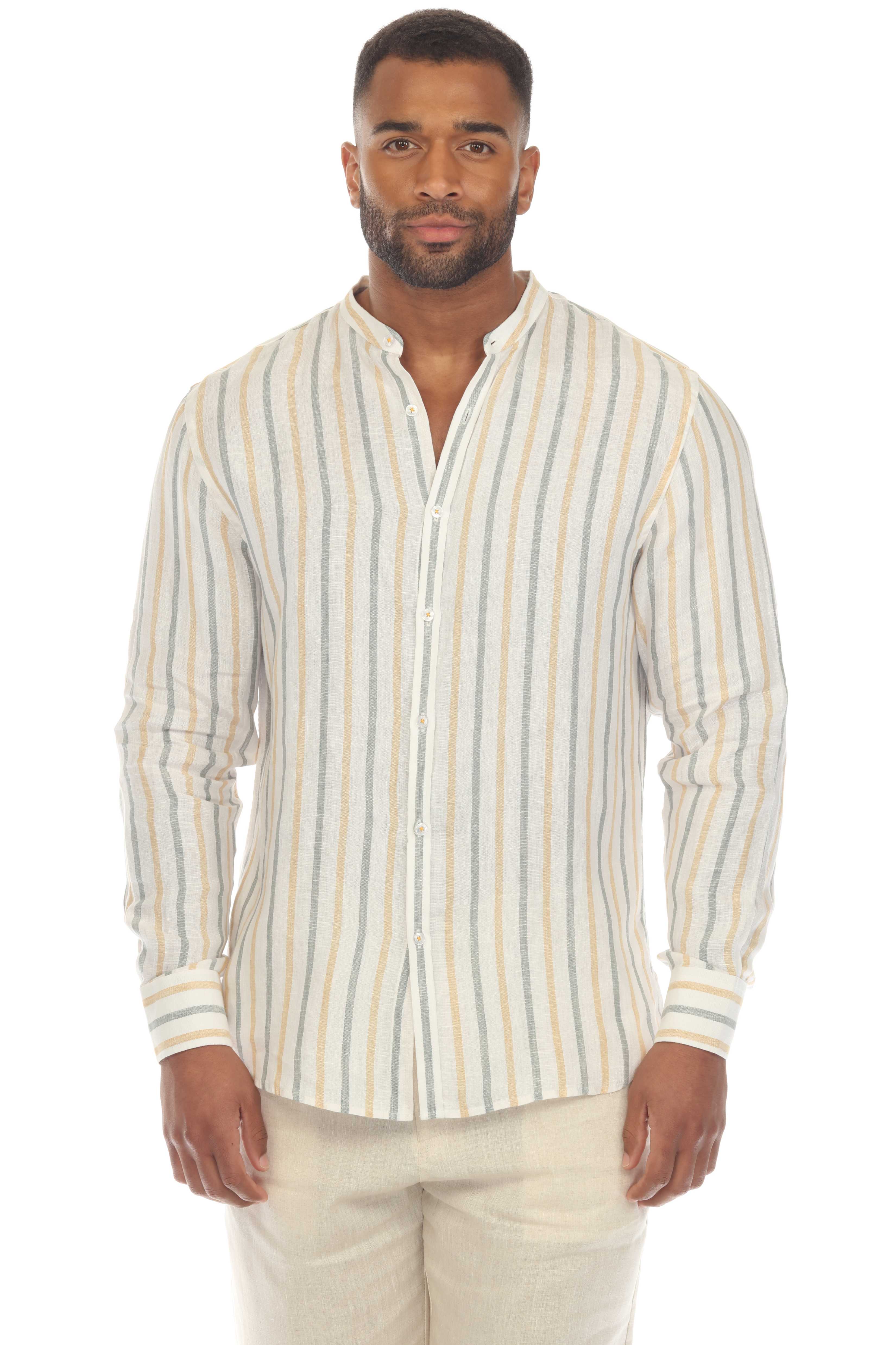 Camisa informal de hombre con cuello mandarín y raya diplomática, 100 % lino, manga larga, botones