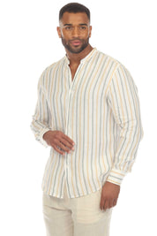 Camisa informal de hombre con cuello mandarín y raya diplomática, 100 % lino, manga larga, botones