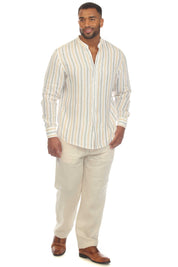 Camisa informal de hombre con cuello mandarín y raya diplomática, 100 % lino, manga larga, botones