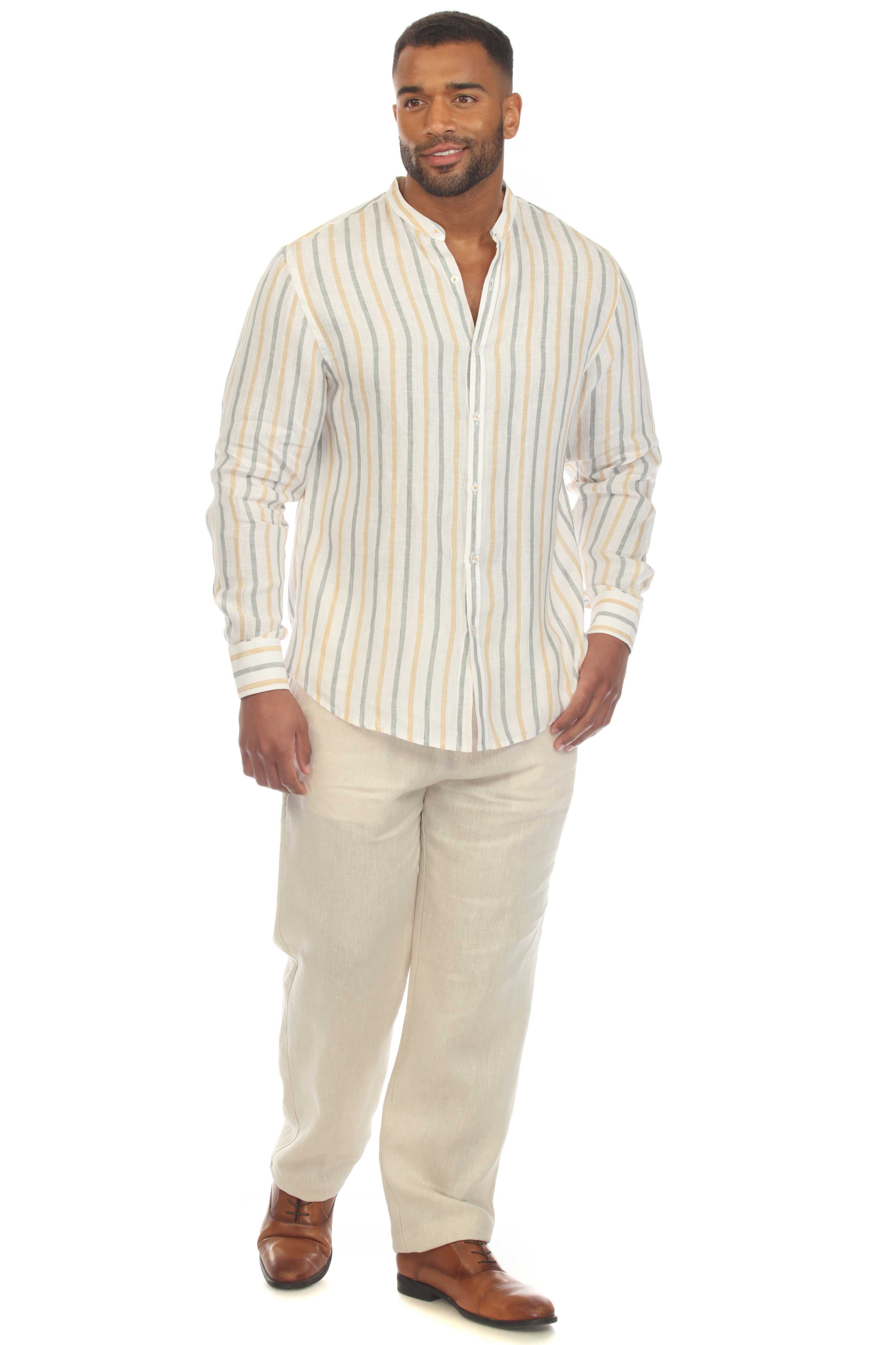 Camisa informal de hombre con cuello mandarín y raya diplomática, 100 % lino, manga larga, botones